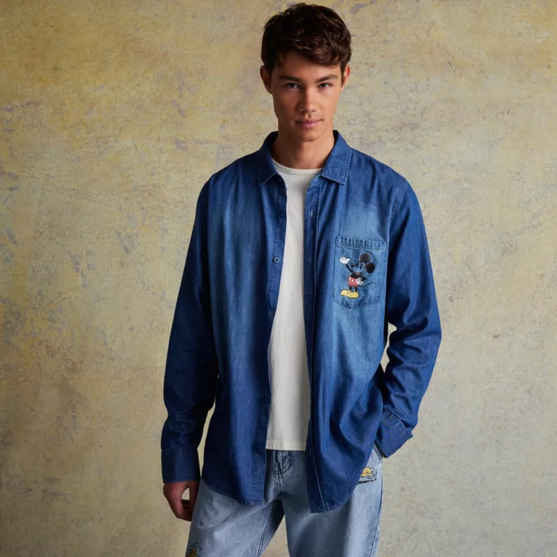 Mickey Mouse And Pluto Woven Chambray Shirt For Adults 3 Mickey Mouse And Pluto Woven Chambray Shirt For Adults - Image 3